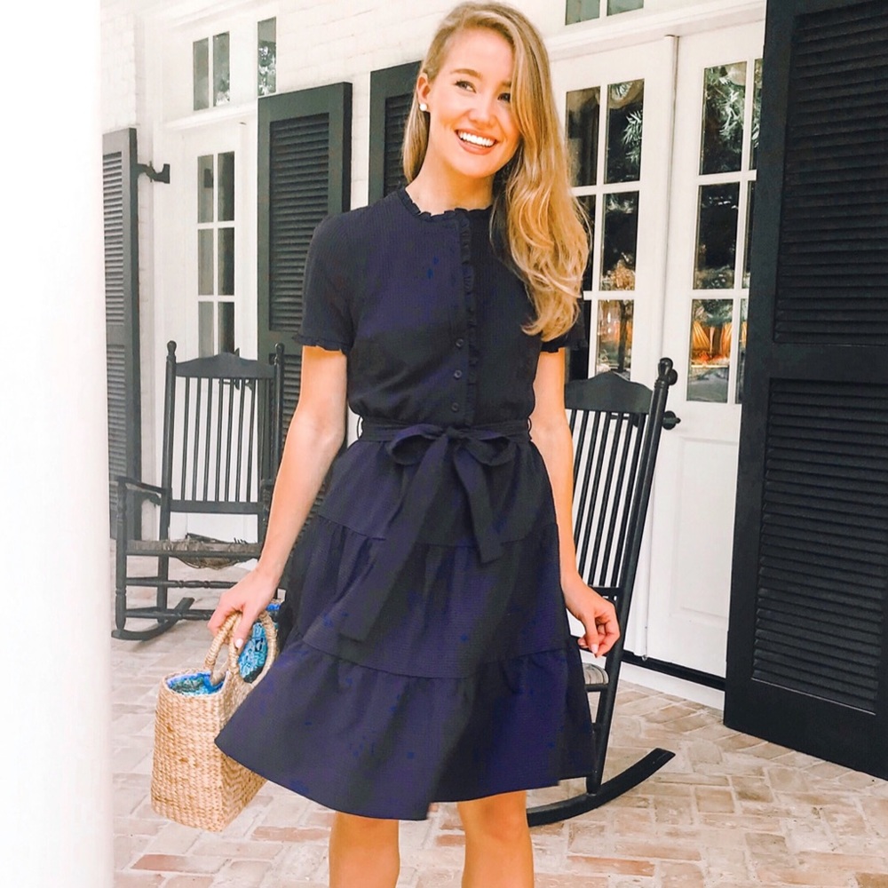 Gal Meets Glam Navy Tiered Midi Dress with Belt - Picture 5 of 11